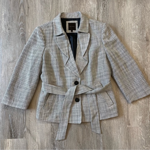 THE LIMITED Gray Tweed Belted Cropped Sleeve Blazer - Size L - Picture 1 of 10